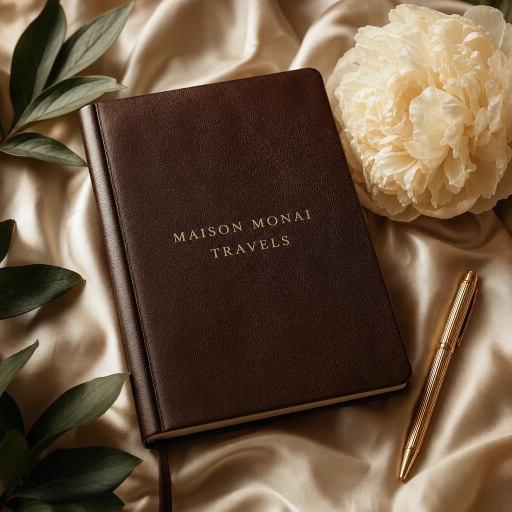 Leather travel journal, gold pen and peony on cream linen